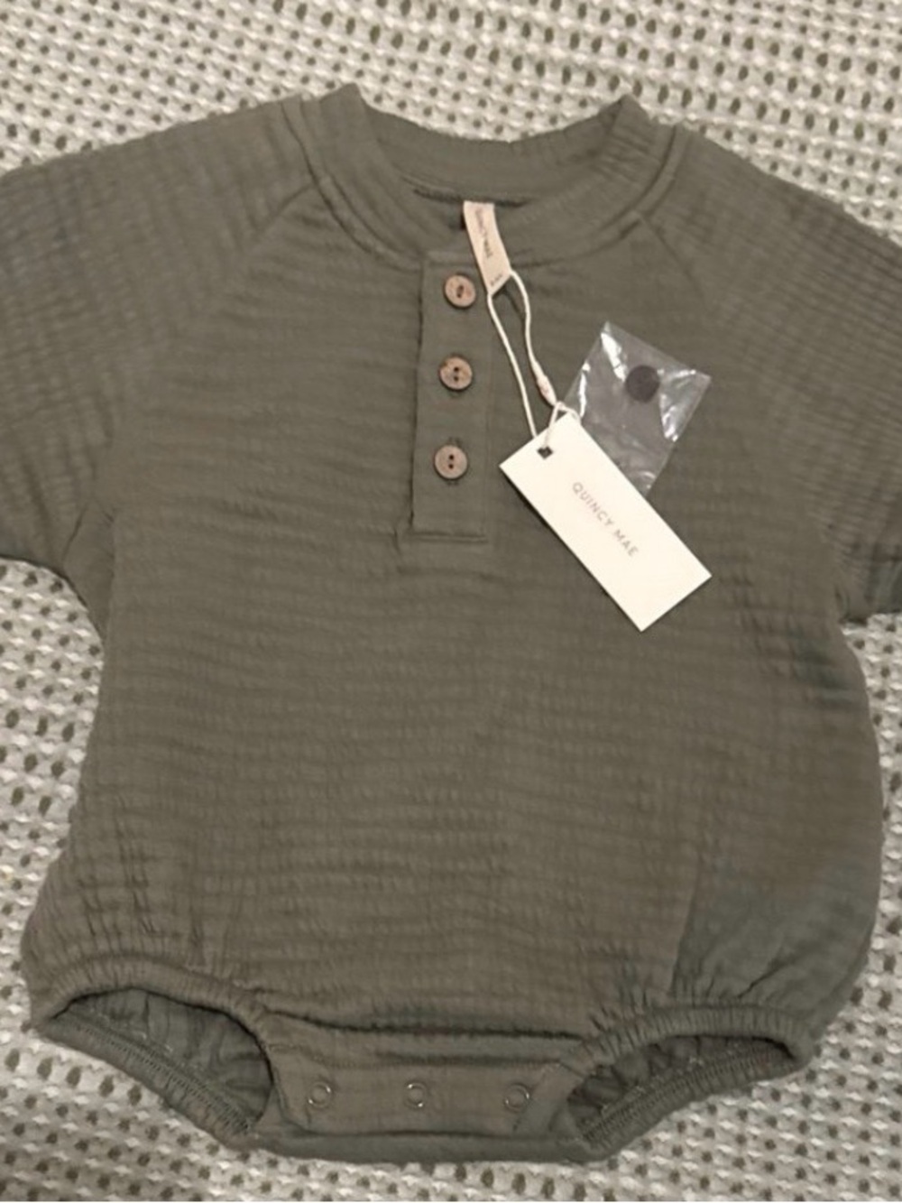 Quincy Mae Olive Green Baby Henley Romper with Wooden Buttons